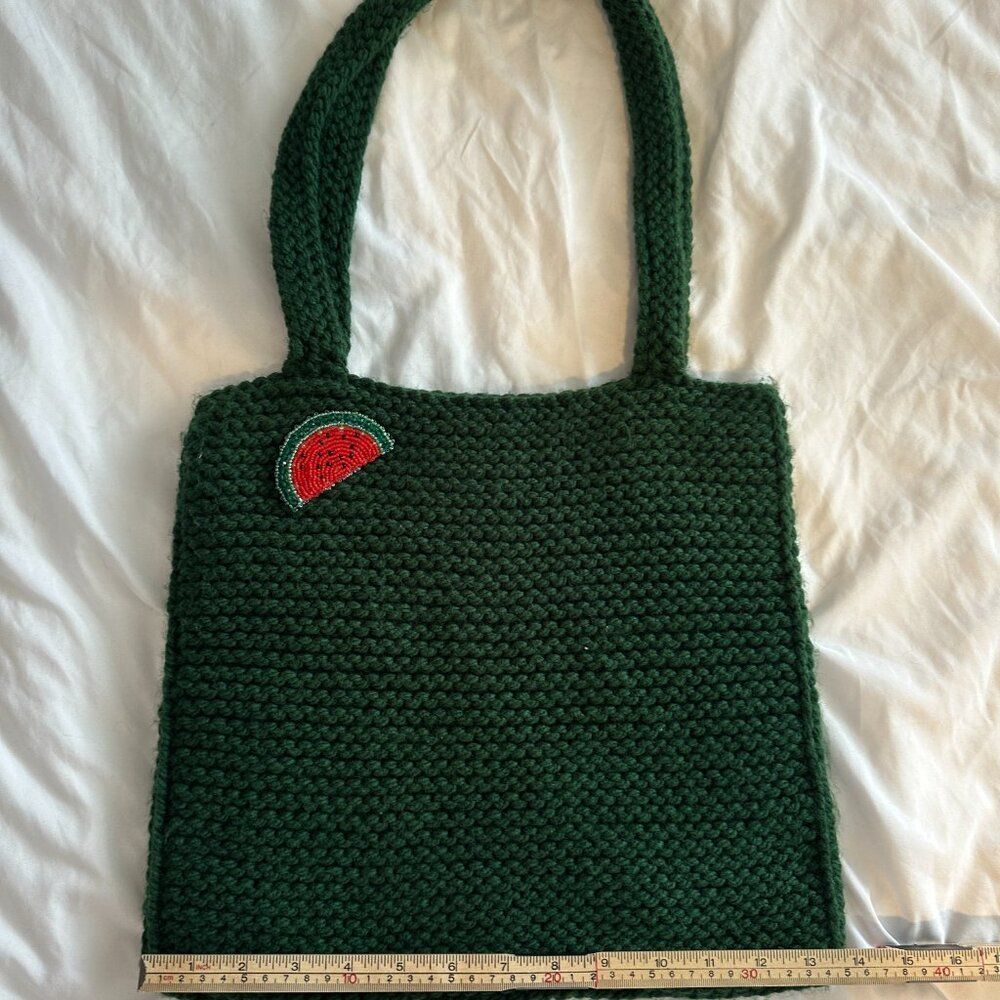 Handmade Knit Green Tote Bag Beaded Watermelon Crochet Shoulder Bag Cottagecore - Picture 5 of 7